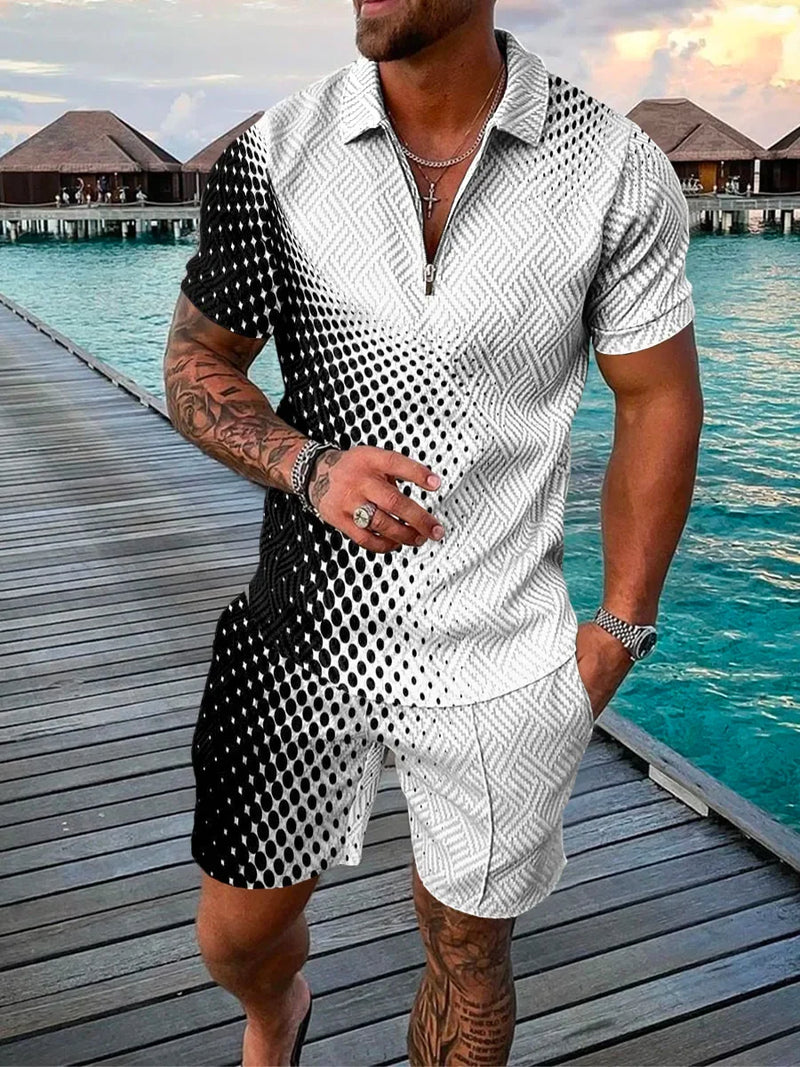 Funny 3D Polka Dot Print Men's Short Sleeve Sets Fashion Zip Polo Shirt Shorts 2 Piece Outfit Summer Street Clothing Casual Suit