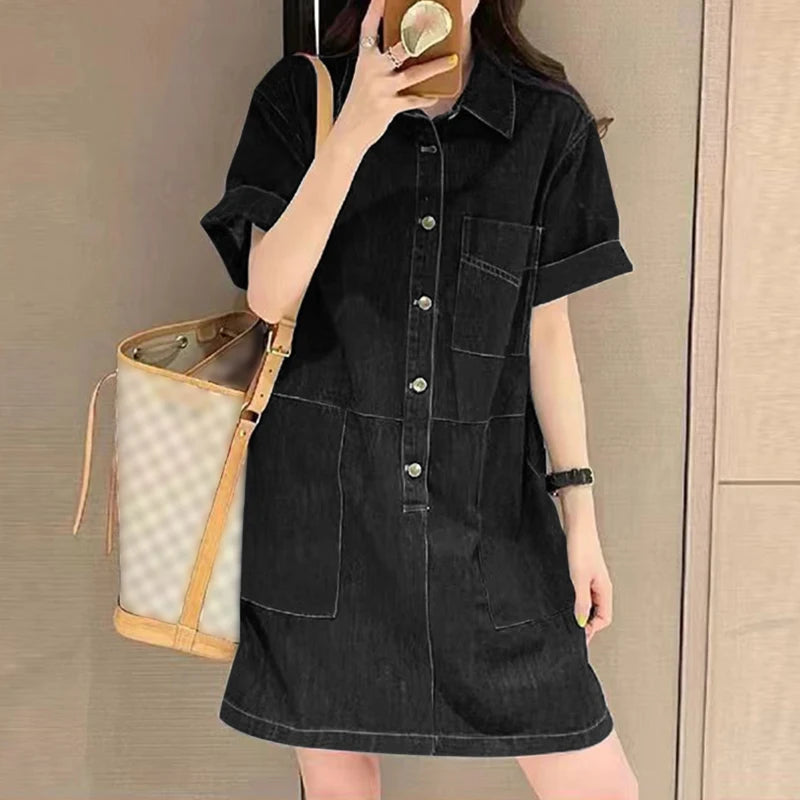 ZANZEA Women Denim Shirt Dress 2025 Summer Fashion Short Sleeve Sundress Solid Pockets Robe Casual Turn Down Collar Mini Dresses