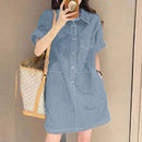 ZANZEA Women Denim Shirt Dress 2025 Summer Fashion Short Sleeve Sundress Solid Pockets Robe Casual Turn Down Collar Mini Dresses