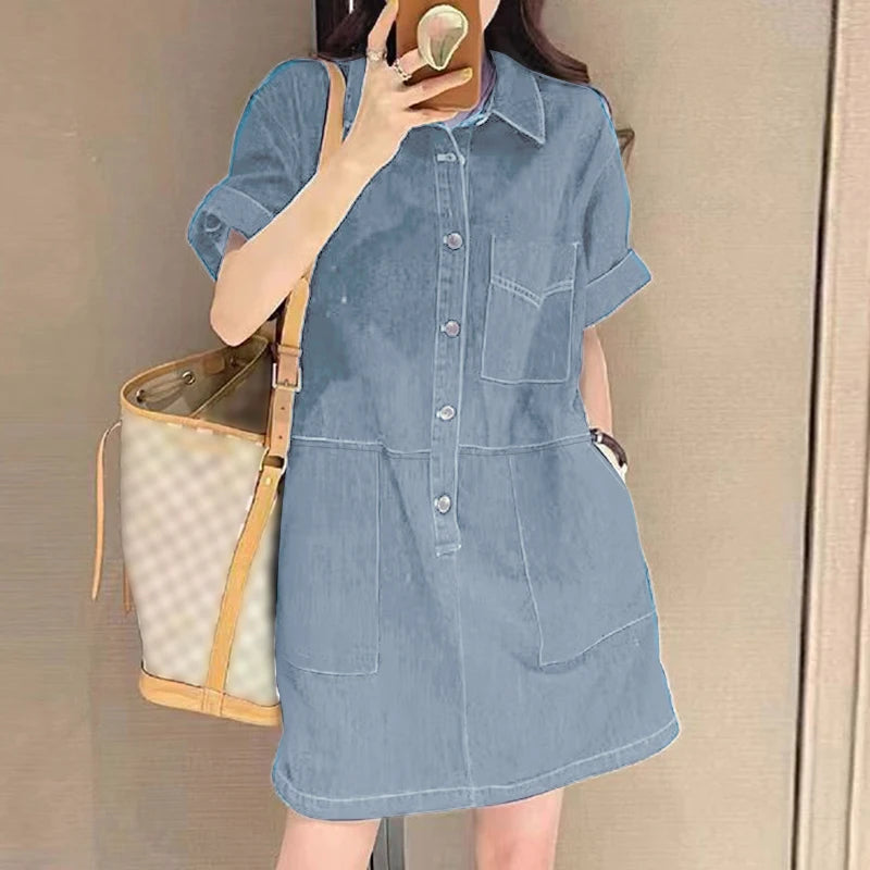 ZANZEA Women Denim Shirt Dress 2025 Summer Fashion Short Sleeve Sundress Solid Pockets Robe Casual Turn Down Collar Mini Dresses