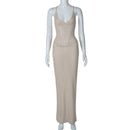 TSDFC 2025 Lady Spring Vacation Beach Robes Elegant Solid V Neck Women Knit Sling Maxi Dress Fashion Sleeveless Backless Dress