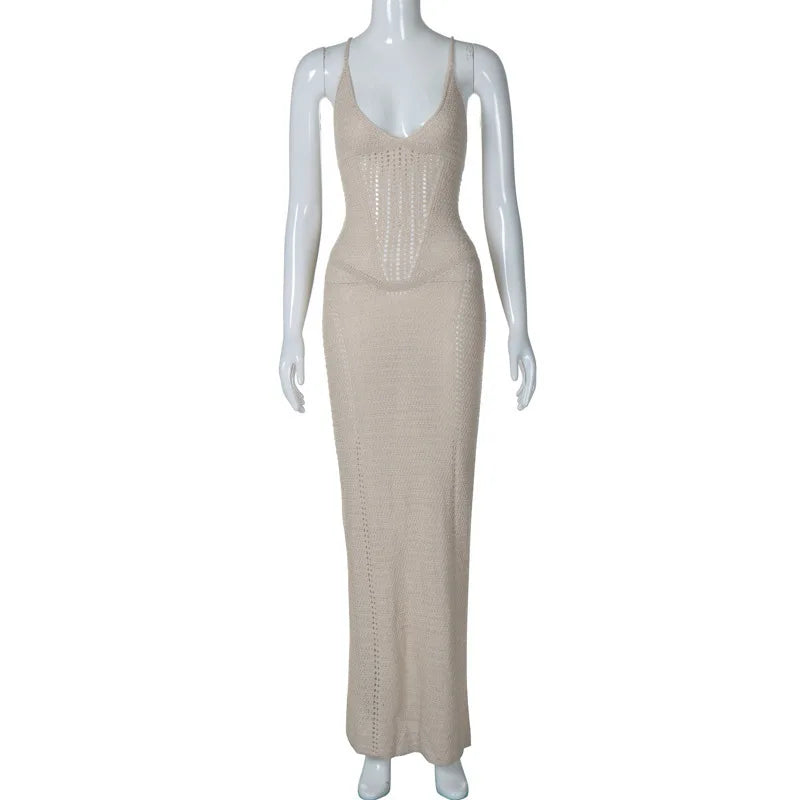 TSDFC 2025 Lady Spring Vacation Beach Robes Elegant Solid V Neck Women Knit Sling Maxi Dress Fashion Sleeveless Backless Dress