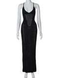 TSDFC 2025 Lady Spring Vacation Beach Robes Elegant Solid V Neck Women Knit Sling Maxi Dress Fashion Sleeveless Backless Dress