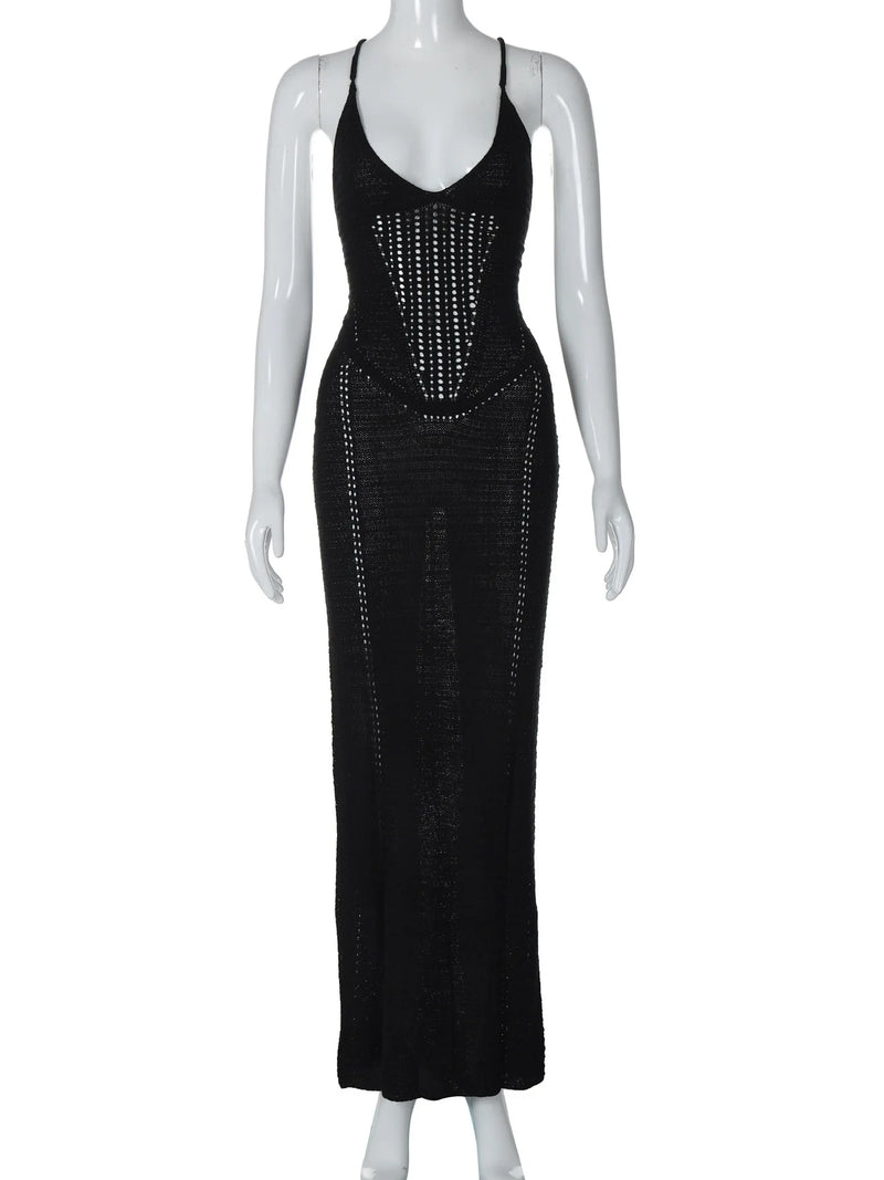 TSDFC 2025 Lady Spring Vacation Beach Robes Elegant Solid V Neck Women Knit Sling Maxi Dress Fashion Sleeveless Backless Dress