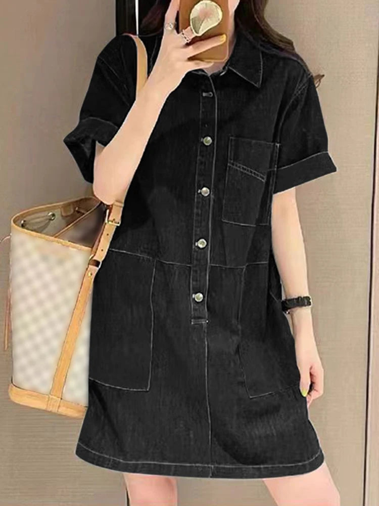 ZANZEA Women Denim Shirt Dress 2025 Summer Fashion Short Sleeve Sundress Solid Pockets Robe Casual Turn Down Collar Mini Dresses