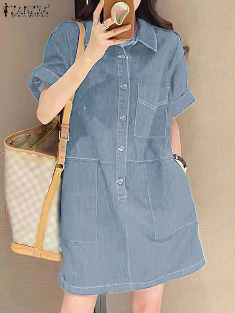 ZANZEA Women Denim Shirt Dress 2025 Summer Fashion Short Sleeve Sundress Solid Pockets Robe Casual Turn Down Collar Mini Dresses