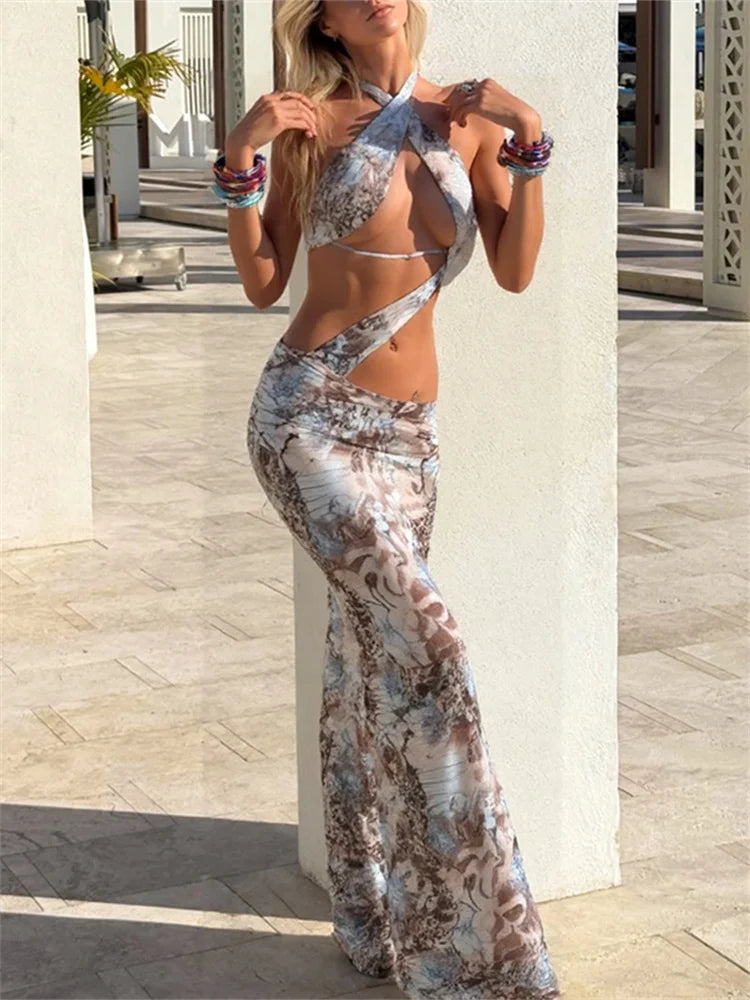 Nibber Irregular Ruched Gradient Print Women Dress Y2K Halter Fashion Backless Sleeveless Sexy Slim Vacation Clubwear Vestidos