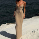 TSDFC 2025 Lady Spring Vacation Beach Robes Elegant Solid V Neck Women Knit Sling Maxi Dress Fashion Sleeveless Backless Dress