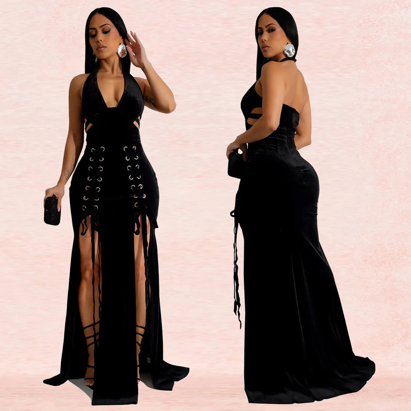 Bandage Velvet V Neck Dress Lady Party Bodycon Evening Dresses Women Elegant Luxury Maxi Long Hollow Out Prom Red Black Dresses