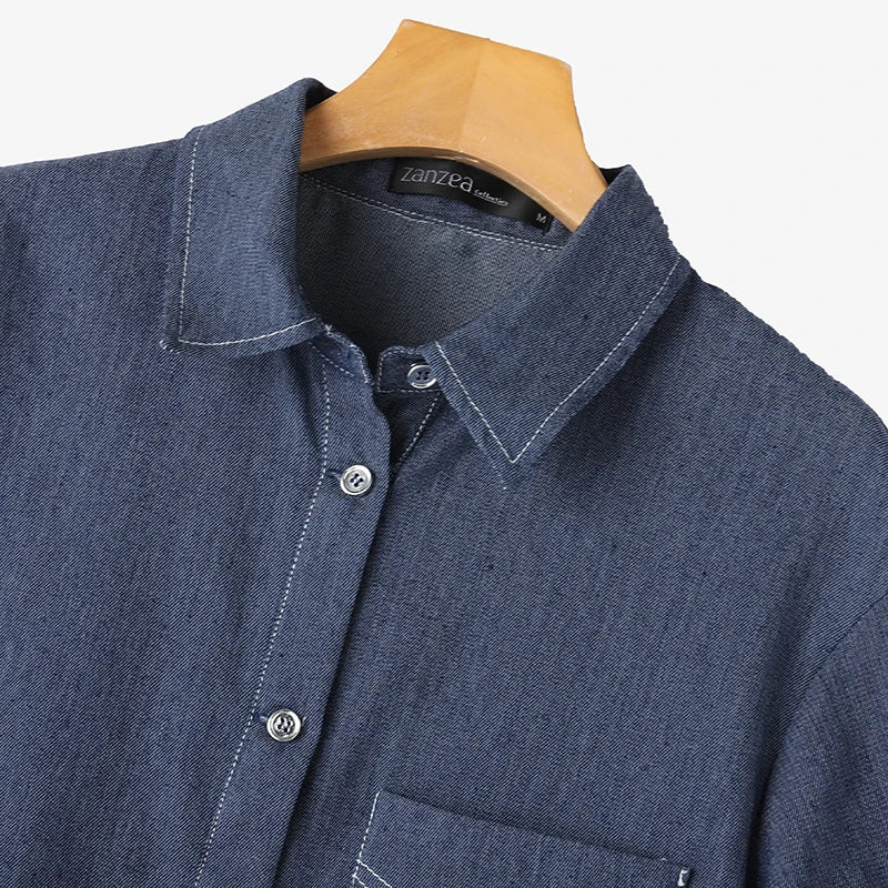 ZANZEA Women Denim Shirt Dress 2025 Summer Fashion Short Sleeve Sundress Solid Pockets Robe Casual Turn Down Collar Mini Dresses