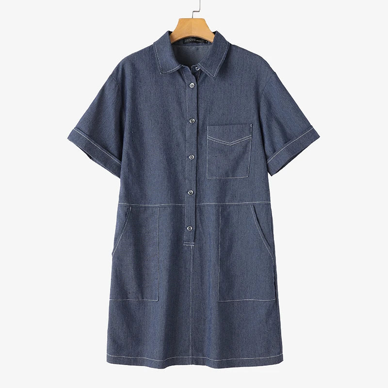 ZANZEA Women Denim Shirt Dress 2025 Summer Fashion Short Sleeve Sundress Solid Pockets Robe Casual Turn Down Collar Mini Dresses