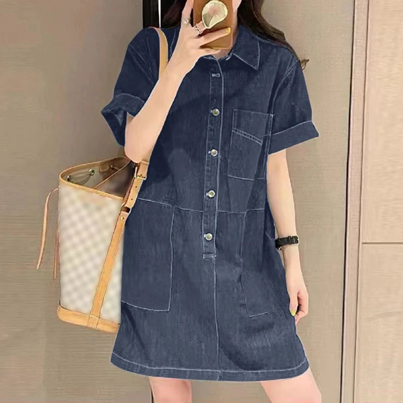 ZANZEA Women Denim Shirt Dress 2025 Summer Fashion Short Sleeve Sundress Solid Pockets Robe Casual Turn Down Collar Mini Dresses