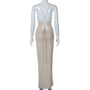 TSDFC 2025 Lady Spring Vacation Beach Robes Elegant Solid V Neck Women Knit Sling Maxi Dress Fashion Sleeveless Backless Dress