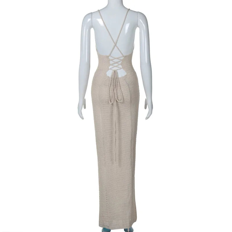 TSDFC 2025 Lady Spring Vacation Beach Robes Elegant Solid V Neck Women Knit Sling Maxi Dress Fashion Sleeveless Backless Dress