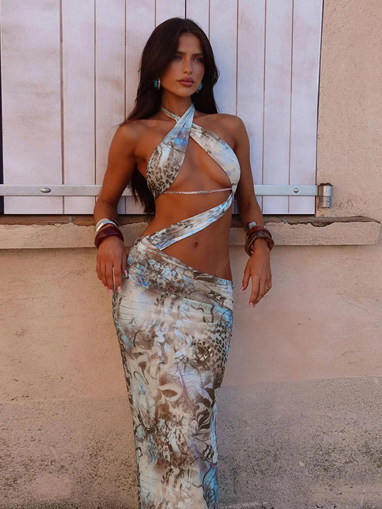 Nibber Irregular Ruched Gradient Print Women Dress Y2K Halter Fashion Backless Sleeveless Sexy Slim Vacation Clubwear Vestidos