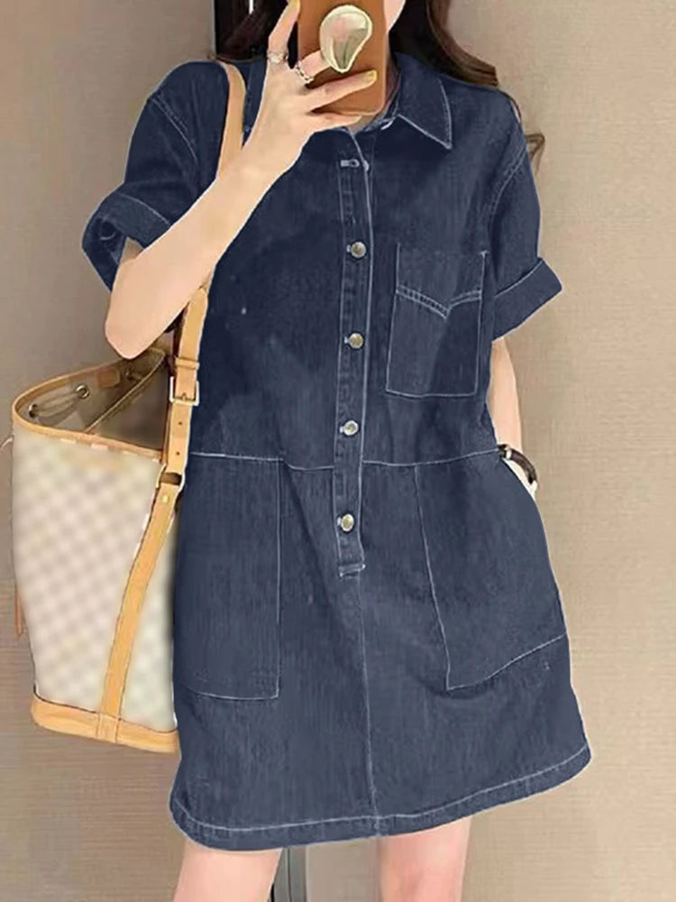 ZANZEA Women Denim Shirt Dress 2025 Summer Fashion Short Sleeve Sundress Solid Pockets Robe Casual Turn Down Collar Mini Dresses