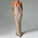 TSDFC 2025 Lady Spring Vacation Beach Robes Elegant Solid V Neck Women Knit Sling Maxi Dress Fashion Sleeveless Backless Dress