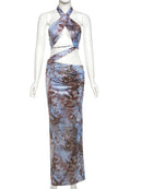 Nibber Irregular Ruched Gradient Print Women Dress Y2K Halter Fashion Backless Sleeveless Sexy Slim Vacation Clubwear Vestidos