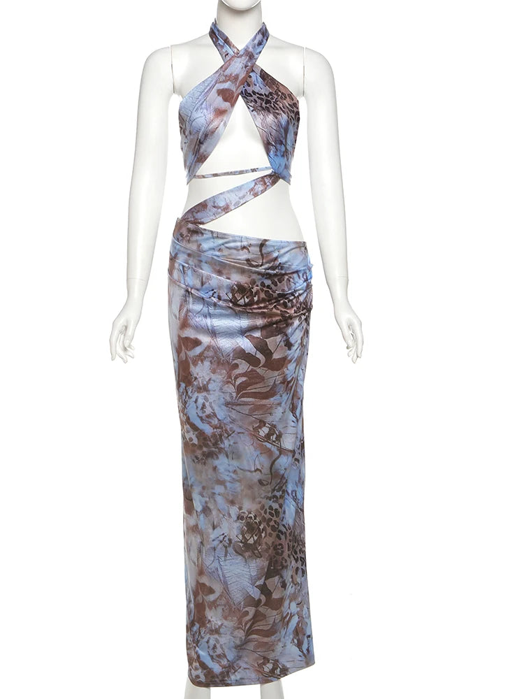 Nibber Irregular Ruched Gradient Print Women Dress Y2K Halter Fashion Backless Sleeveless Sexy Slim Vacation Clubwear Vestidos