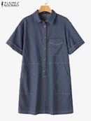 ZANZEA Women Denim Shirt Dress 2025 Summer Fashion Short Sleeve Sundress Solid Pockets Robe Casual Turn Down Collar Mini Dresses