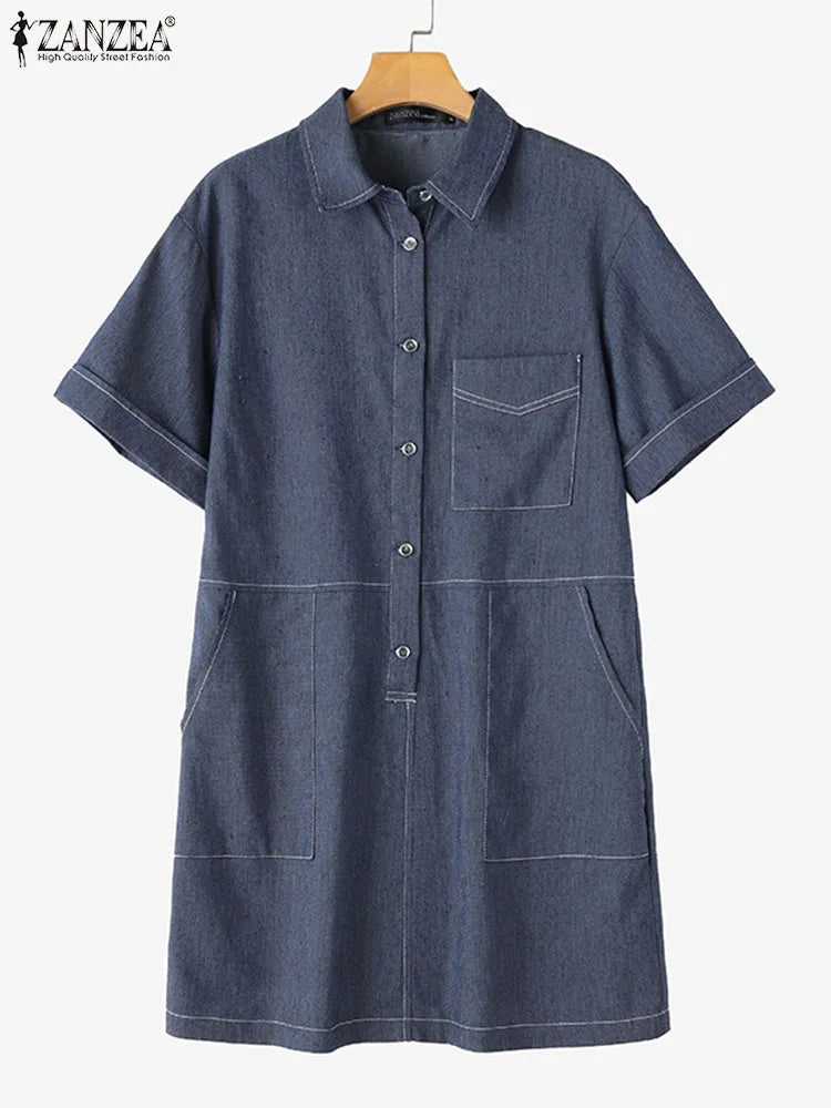 ZANZEA Women Denim Shirt Dress 2025 Summer Fashion Short Sleeve Sundress Solid Pockets Robe Casual Turn Down Collar Mini Dresses
