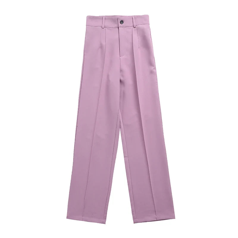 TRZA Women Chic Fashion Office Wear Straight Pants Vintage High Waist Zipper Fly Female Trousers Mujer