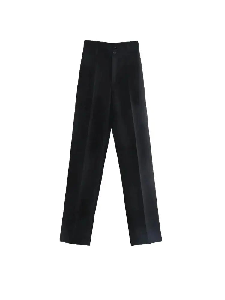TRZA Women Chic Fashion Office Wear Straight Pants Vintage High Waist Zipper Fly Female Trousers Mujer