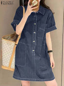 ZANZEA Women Denim Shirt Dress 2025 Summer Fashion Short Sleeve Sundress Solid Pockets Robe Casual Turn Down Collar Mini Dresses