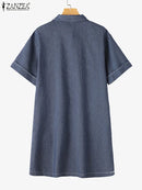 ZANZEA Women Denim Shirt Dress 2025 Summer Fashion Short Sleeve Sundress Solid Pockets Robe Casual Turn Down Collar Mini Dresses