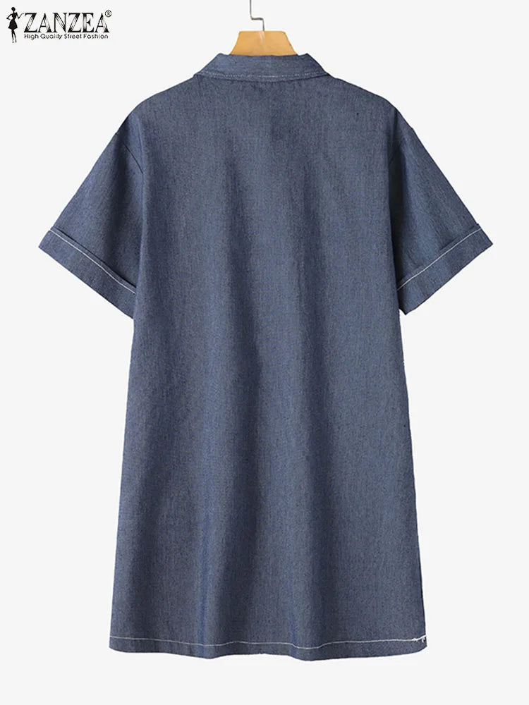 ZANZEA Women Denim Shirt Dress 2025 Summer Fashion Short Sleeve Sundress Solid Pockets Robe Casual Turn Down Collar Mini Dresses