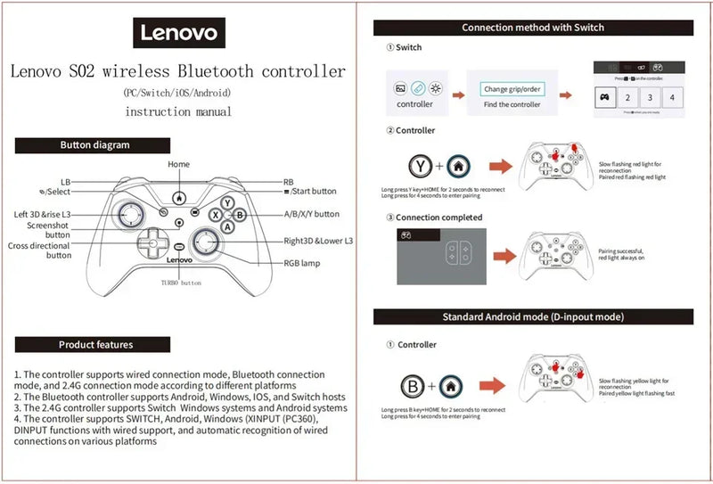 New Lenovo S02 Wireless Controller Bluetooth Gamepad for Nintendo Switch,PC,Android TV,IOS PC Joysticks Six-axis Dual Vibration