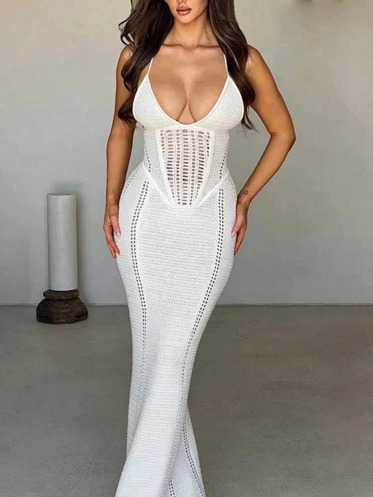 TSDFC 2025 Lady Spring Vacation Beach Robes Elegant Solid V Neck Women Knit Sling Maxi Dress Fashion Sleeveless Backless Dress