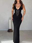 TSDFC 2025 Lady Spring Vacation Beach Robes Elegant Solid V Neck Women Knit Sling Maxi Dress Fashion Sleeveless Backless Dress