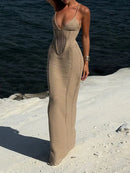 TSDFC 2025 Lady Spring Vacation Beach Robes Elegant Solid V Neck Women Knit Sling Maxi Dress Fashion Sleeveless Backless Dress