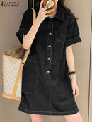 ZANZEA Women Denim Shirt Dress 2025 Summer Fashion Short Sleeve Sundress Solid Pockets Robe Casual Turn Down Collar Mini Dresses