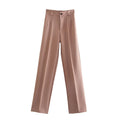 TRZA Women Chic Fashion Office Wear Straight Pants Vintage High Waist Zipper Fly Female Trousers Mujer