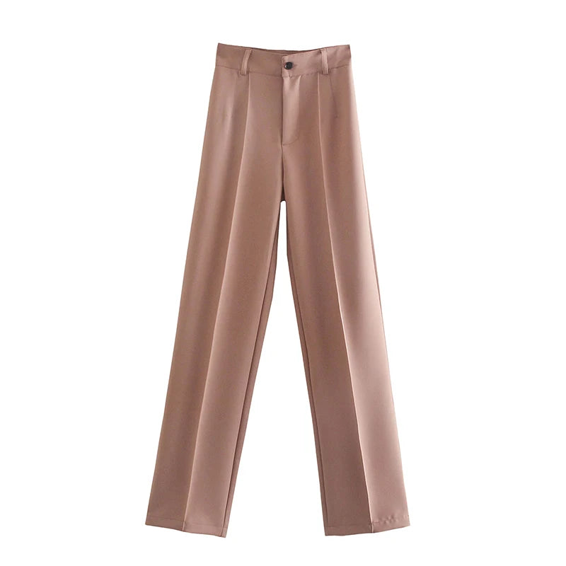 TRZA Women Chic Fashion Office Wear Straight Pants Vintage High Waist Zipper Fly Female Trousers Mujer