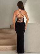 TSDFC 2025 Lady Spring Vacation Beach Robes Elegant Solid V Neck Women Knit Sling Maxi Dress Fashion Sleeveless Backless Dress