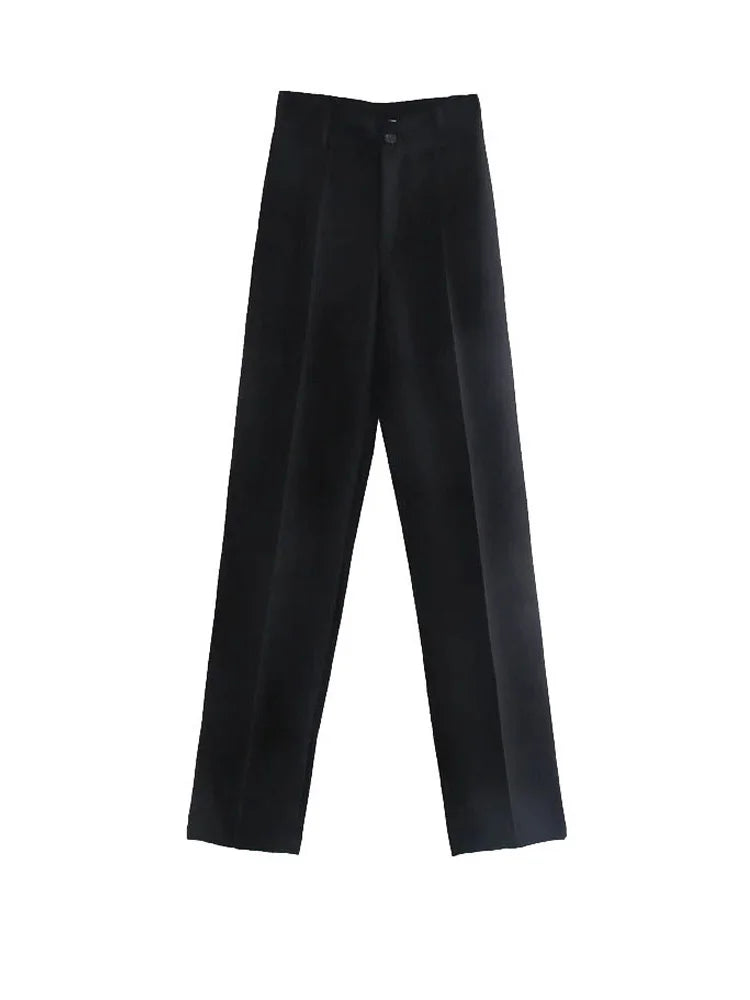 TRZA Women Chic Fashion Office Wear Straight Pants Vintage High Waist Zipper Fly Female Trousers Mujer