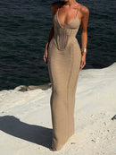 TSDFC 2025 Lady Spring Vacation Beach Robes Elegant Solid V Neck Women Knit Sling Maxi Dress Fashion Sleeveless Backless Dress