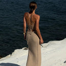 TSDFC 2025 Lady Spring Vacation Beach Robes Elegant Solid V Neck Women Knit Sling Maxi Dress Fashion Sleeveless Backless Dress