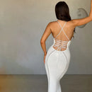 TSDFC 2025 Lady Spring Vacation Beach Robes Elegant Solid V Neck Women Knit Sling Maxi Dress Fashion Sleeveless Backless Dress