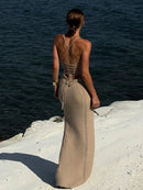 TSDFC 2025 Lady Spring Vacation Beach Robes Elegant Solid V Neck Women Knit Sling Maxi Dress Fashion Sleeveless Backless Dress