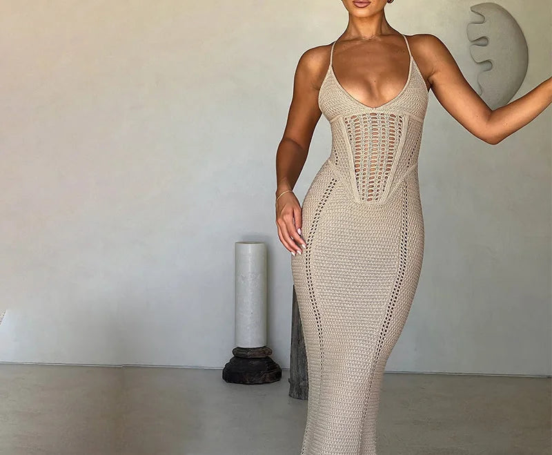 TSDFC 2025 Lady Spring Vacation Beach Robes Elegant Solid V Neck Women Knit Sling Maxi Dress Fashion Sleeveless Backless Dress