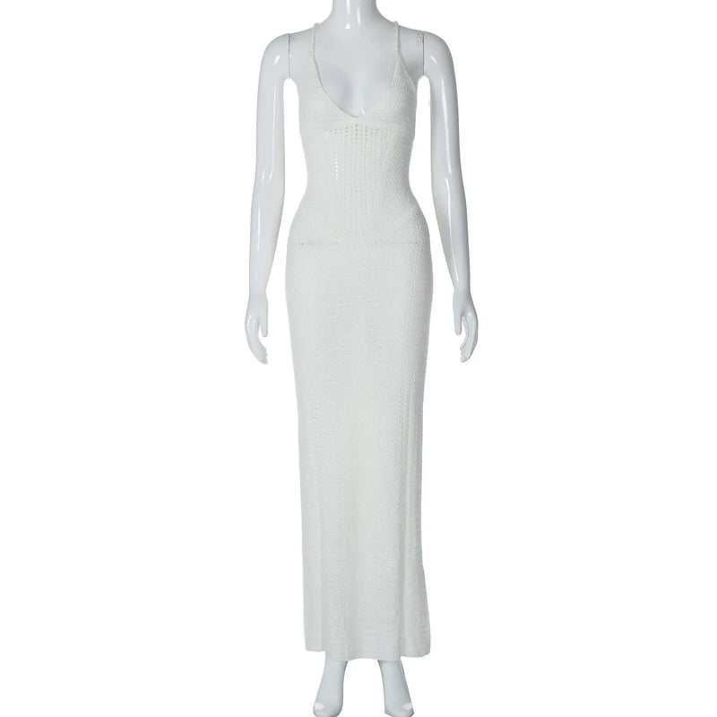 TSDFC 2025 Lady Spring Vacation Beach Robes Elegant Solid V Neck Women Knit Sling Maxi Dress Fashion Sleeveless Backless Dress