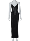 TSDFC 2025 Lady Spring Vacation Beach Robes Elegant Solid V Neck Women Knit Sling Maxi Dress Fashion Sleeveless Backless Dress